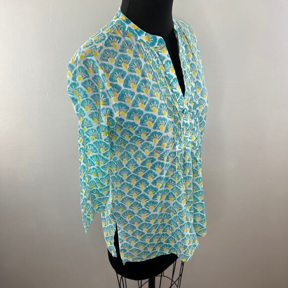 Roberta Roller Rabbit Green White Yellow Print Pintuck Cotton Tunic Top Size XS - Picture 3 of 7